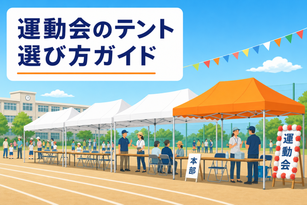 運動会のテント選び方ガイド｜校庭に並ぶ組立てテントと本部席の長机・椅子