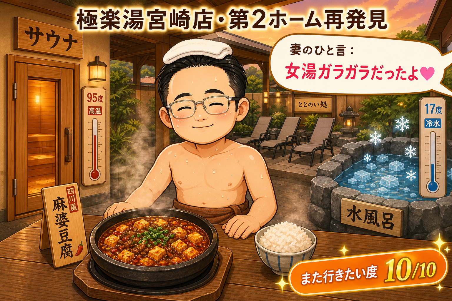 極楽湯 宮崎店 ととのい挿絵(妻のひと言入り)