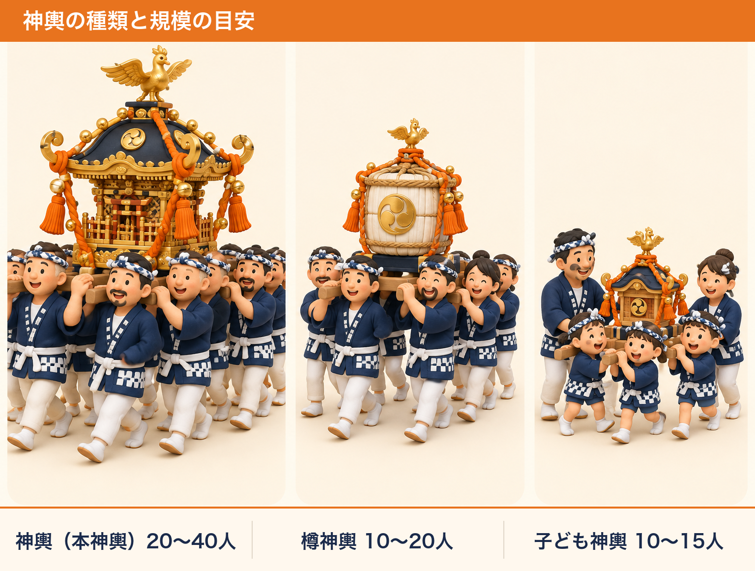 神輿の種類と担ぎ手人数の目安(本神輿20〜40人・樽神輿10〜20人・子ども神輿10〜15人)