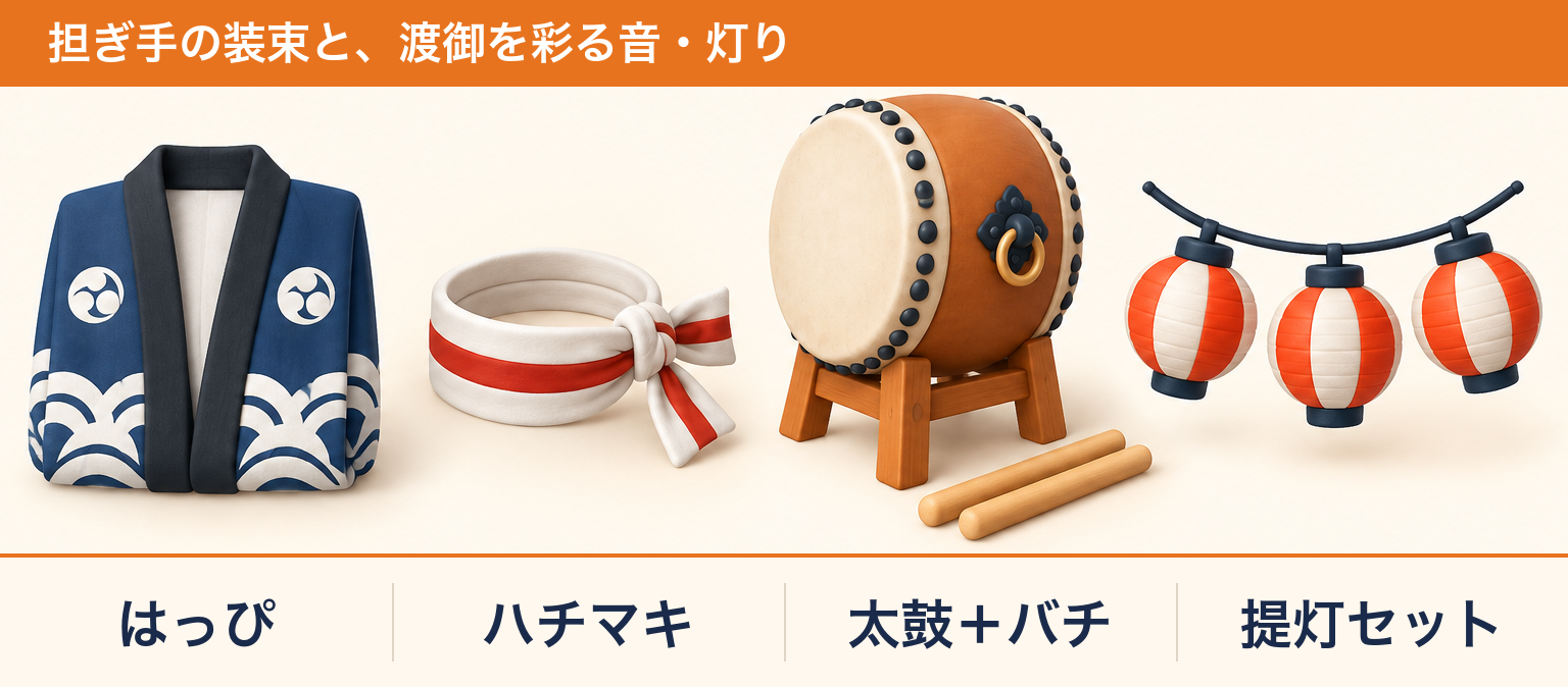 秋祭りの担ぎ手の装束と演出用品(はっぴ・ハチマキ・太鼓・提灯セット)