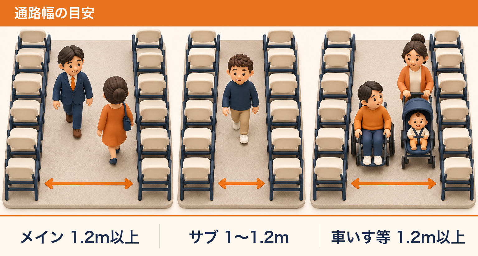 通路幅の目安(メイン通路1.2m以上・サブ通路1〜1.2m・車いすやベビーカーは1.2m以上)
