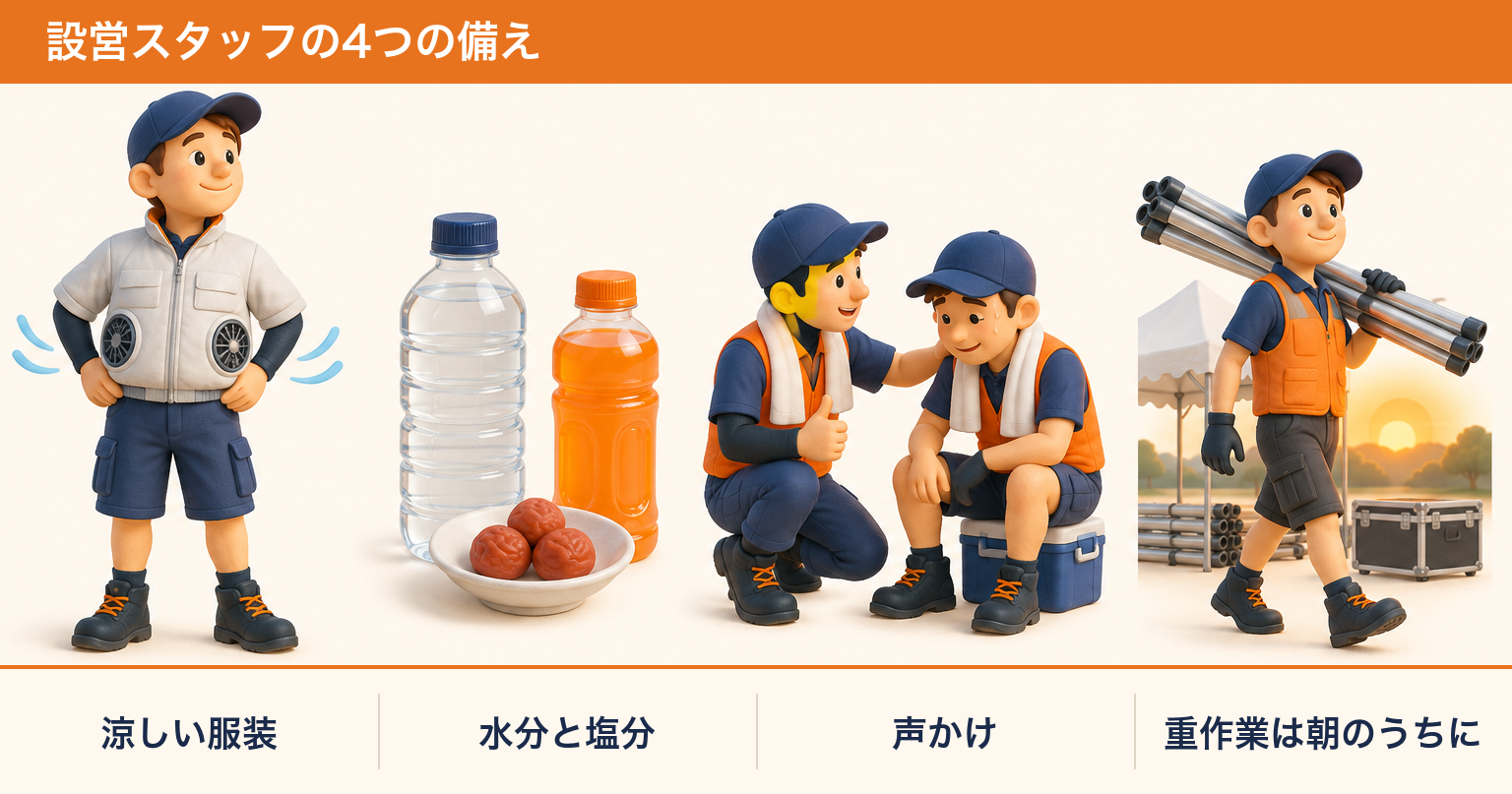 設営スタッフの熱中症対策（涼しい服装・水分と塩分・声かけ・重作業は朝のうちに）
