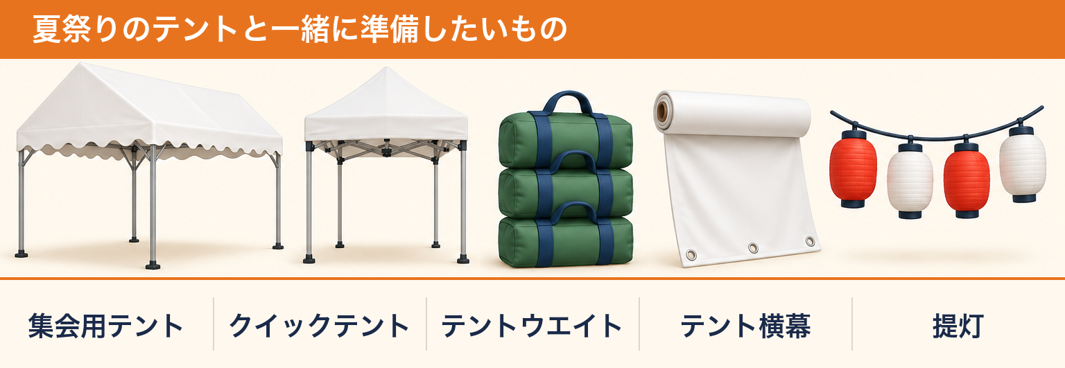 夏祭りのテントと一緒に準備したいもの（集会用テント・クイックテント・テントウエイト・テント横幕・提灯）