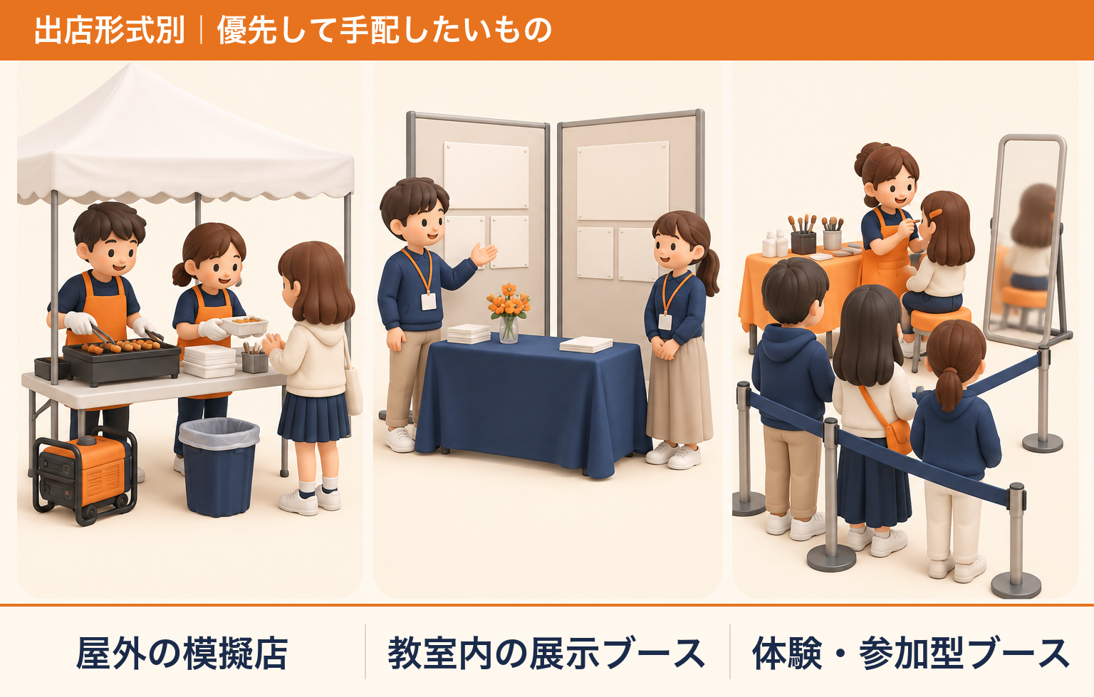 出店形式別に優先して手配したい用品（屋外の模擬店・教室内の展示ブース・体験参加型ブース）