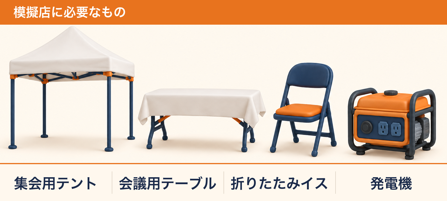 模擬店に必要なレンタル用品（集会用テント・会議用テーブル・折りたたみイス・発電機）