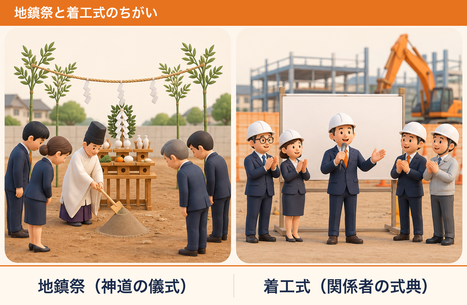 地鎮祭と着工式のちがい(神道の儀式と、工事関係者の式典)