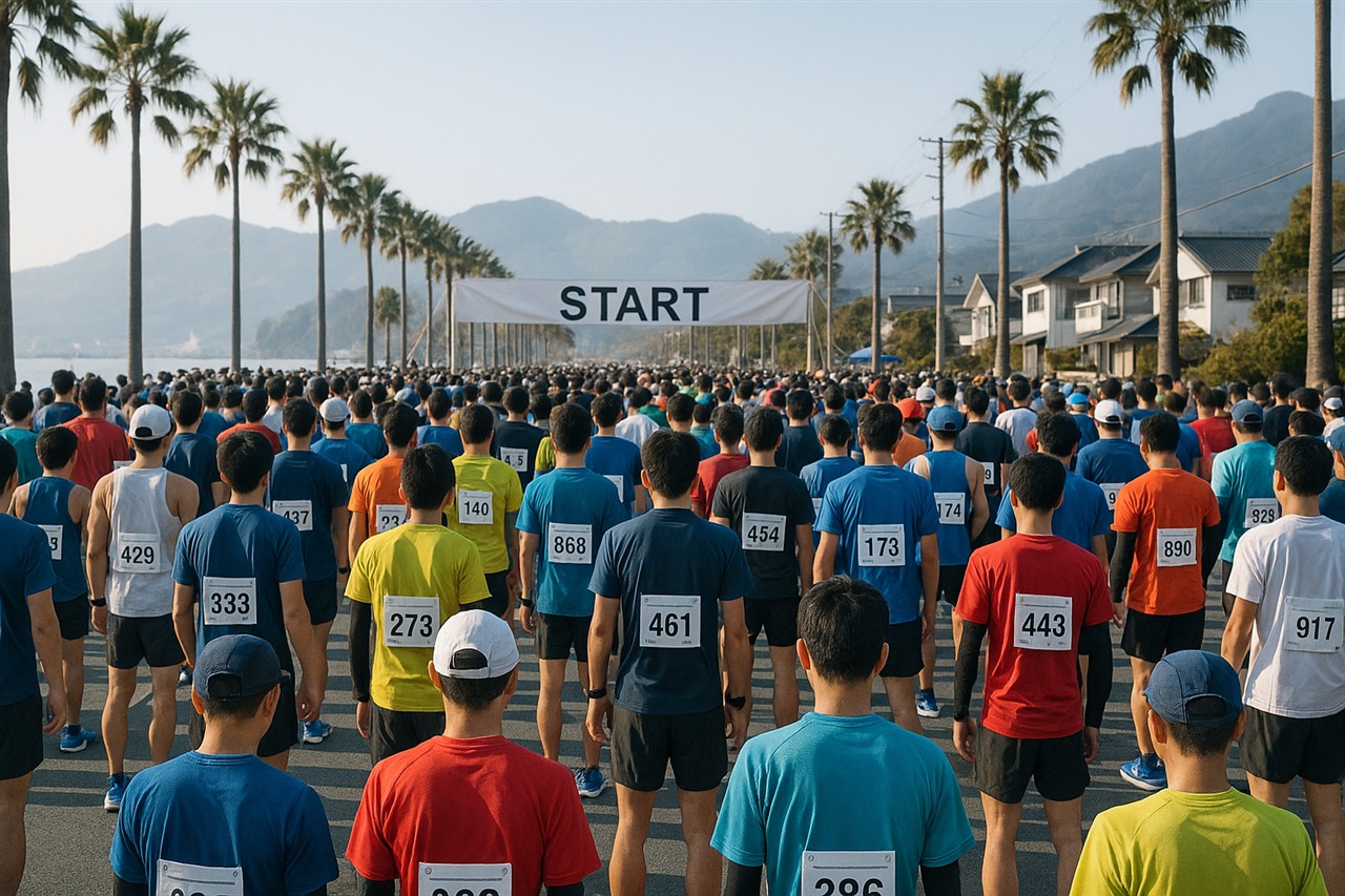 スタートラインに並ぶ大勢のランナー