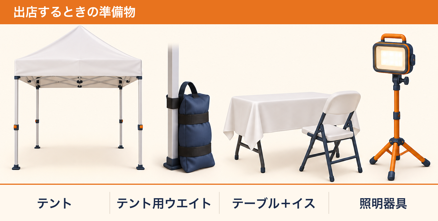 マルシェ出店の準備物(テント・テント用ウエイト・テーブル+イス・照明器具)