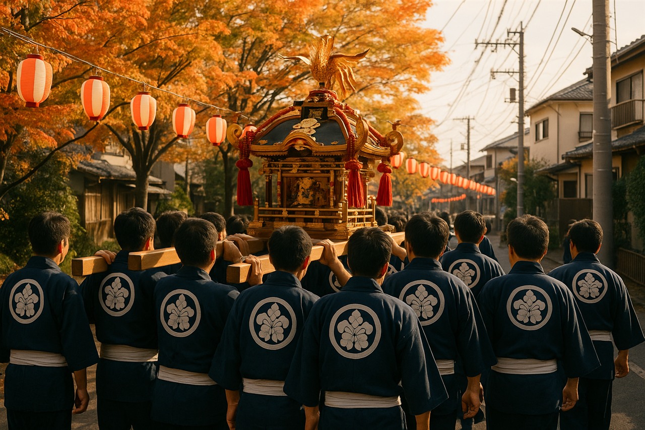 紅白の提灯が並ぶ通りを法被姿の担ぎ手が神輿を担いで進む秋祭りの神輿渡御の様子
