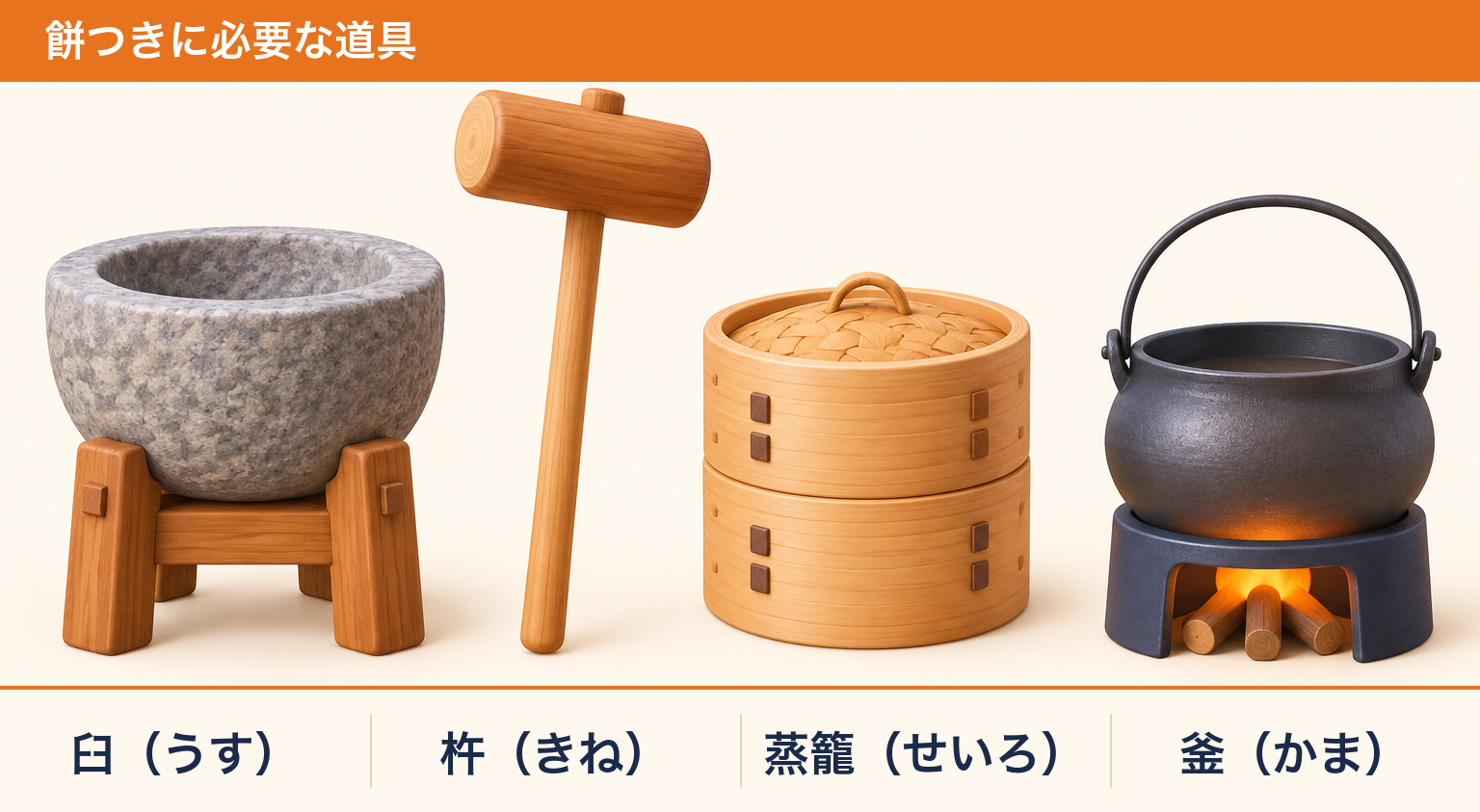 餅つきに必要な道具(臼・杵・蒸籠・釜)