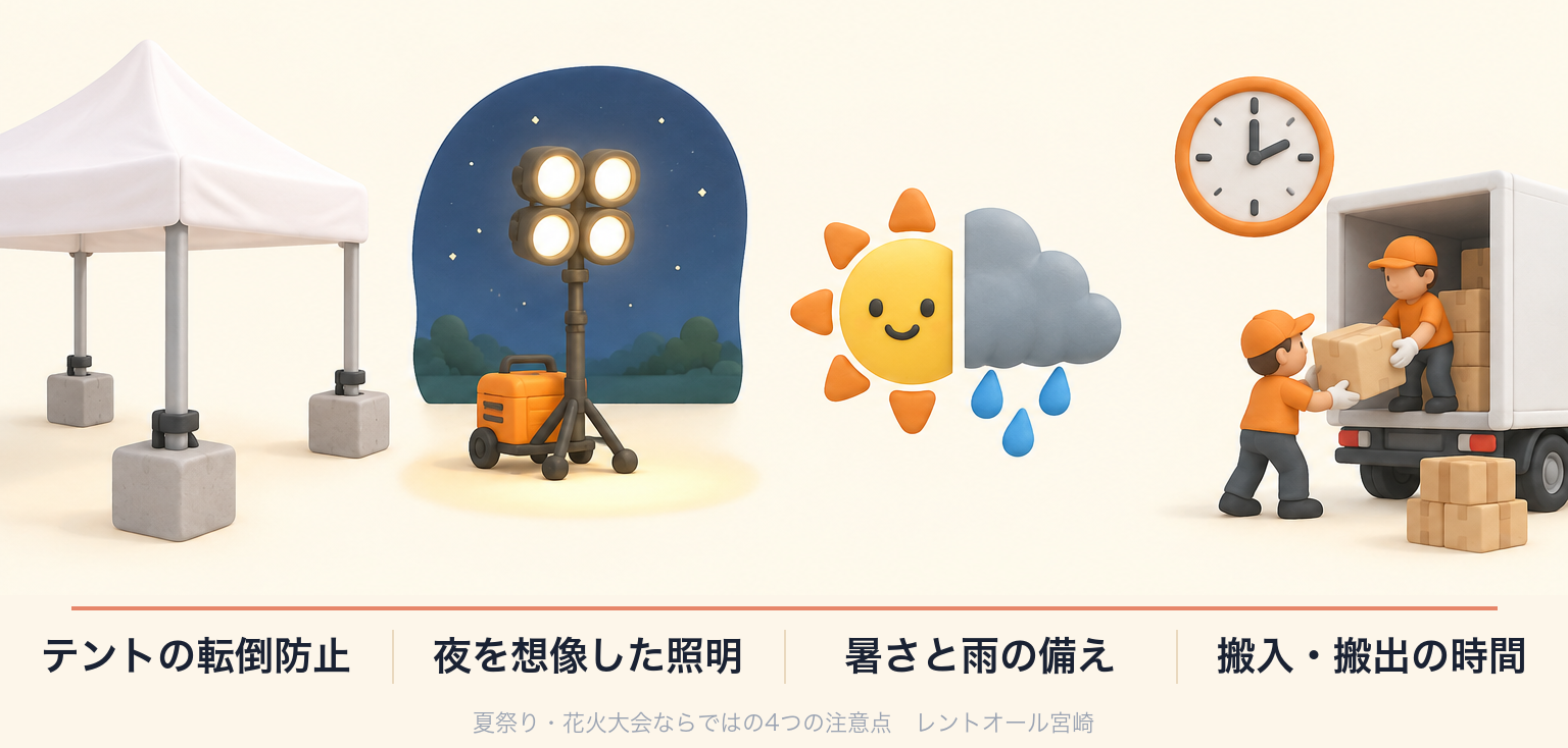 テントの転倒防止・夜の照明配置・暑さと雨の備え・搬入出の時間