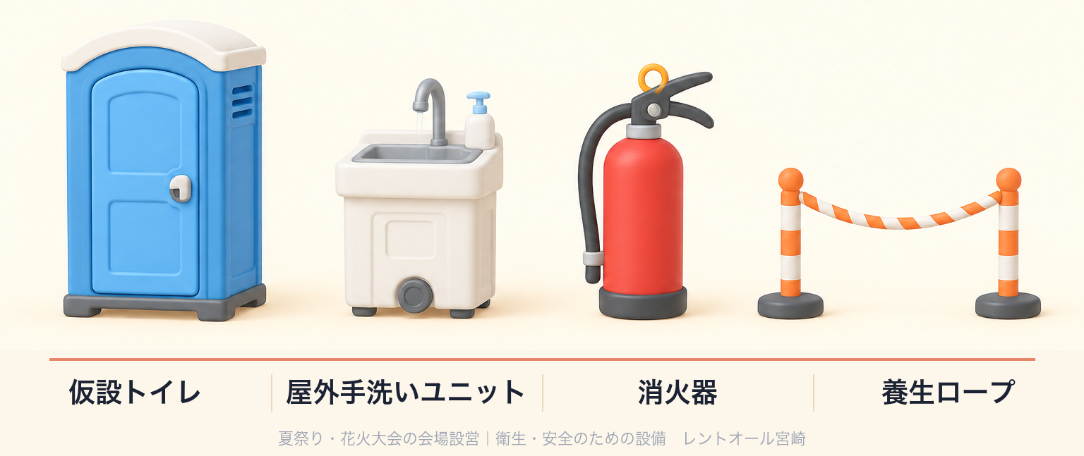 仮設トイレ・屋外手洗いユニット・消火器・養生ロープ
