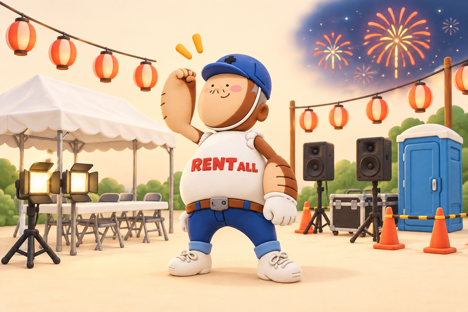 夏祭りの会場設営一式（テント・テーブル・イス・投光器・音響・仮設トイレ・提灯）とレントくん