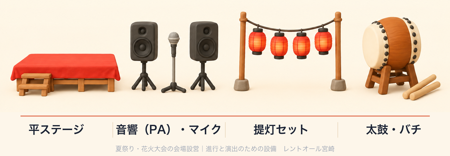 平ステージ・音響（PA）とマイク・提灯セット・太鼓とバチ