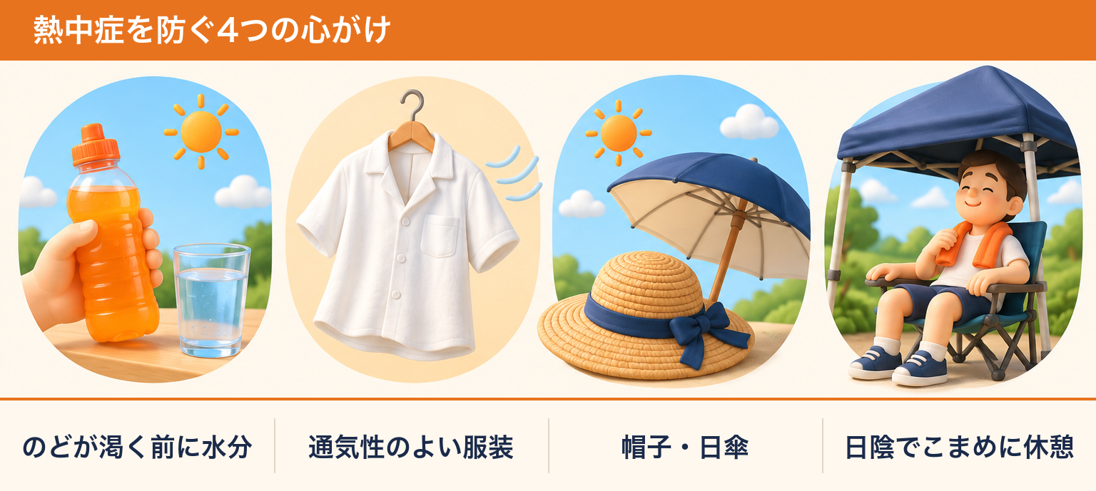 熱中症を防ぐ4つの心がけ（のどが渇く前に水分・通気性のよい服装・帽子や日傘・日陰でこまめに休憩）