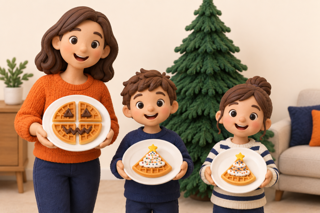 自分で飾ったワッフルのお皿を持つ子どもたちと大人、そばに緑のクリスマスツリー(イメージ)