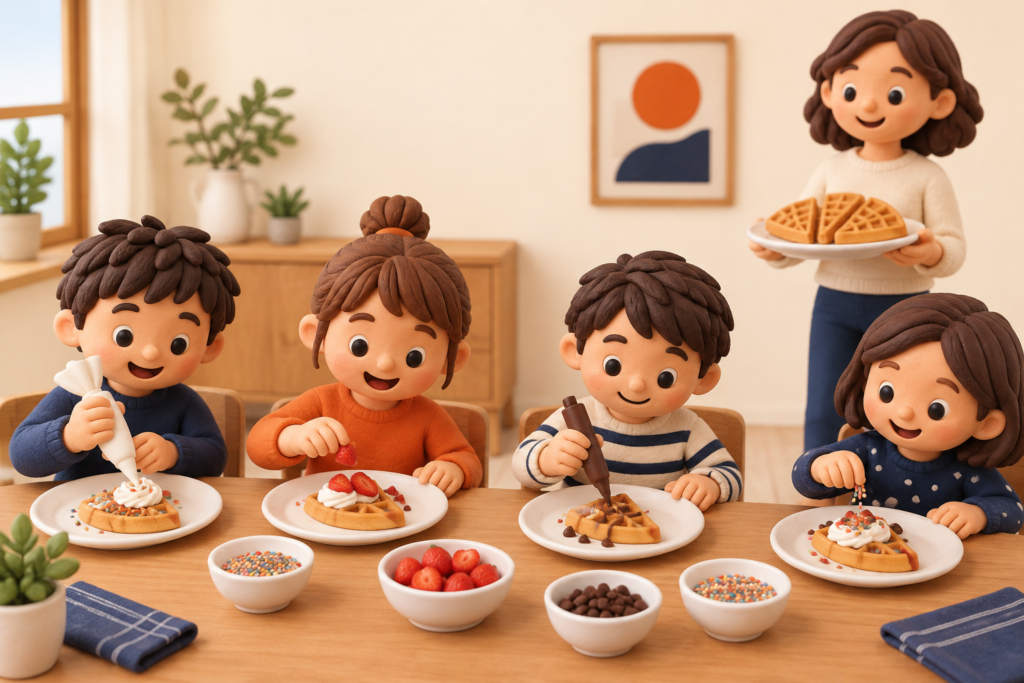 子どもたちが扇形のワッフルにホイップクリームやチョコペンで飾りつけをしている様子(イメージ)